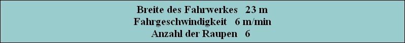 Breite des Fahrwerkes   23 m
Fahrgeschwindigkeit   6 m/min
Anzahl der Raupen   6