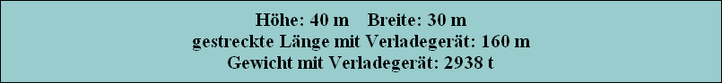 Hhe: 40 m    Breite: 30 m
gestreckte Lnge mit Verladegert: 160 m
Gewicht mit Verladegert: 2938 t