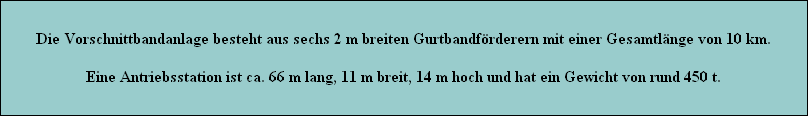 Die Vorschnittbandanlage besteht aus sechs 2 m breiten Gurtbandfrderern mit einer Gesamtlnge von 10 km.

Eine Antriebsstation ist ca. 66 m lang, 11 m breit, 14 m hoch und hat ein Gewicht von rund 450 t.