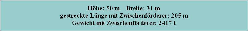 Hhe: 50 m    Breite: 31 m
gestreckte Lnge mit Zwischenfrderer: 205 m
Gewicht mit Zwischenfrderer: 2417 t