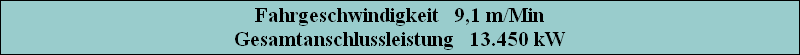 Fahrgeschwindigkeit   9,1 m/Min
Gesamtanschlussleistung   13.450 kW